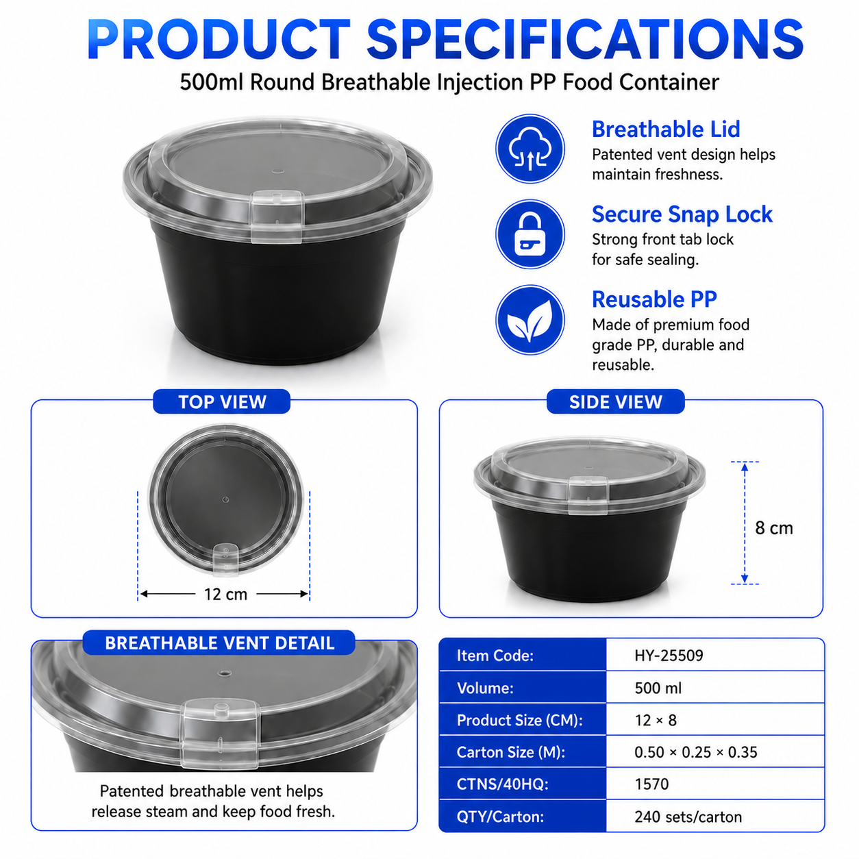 500ml Round PP Food Container with Vented Lid | Injection Molded Takeaway Packaging HY-25509